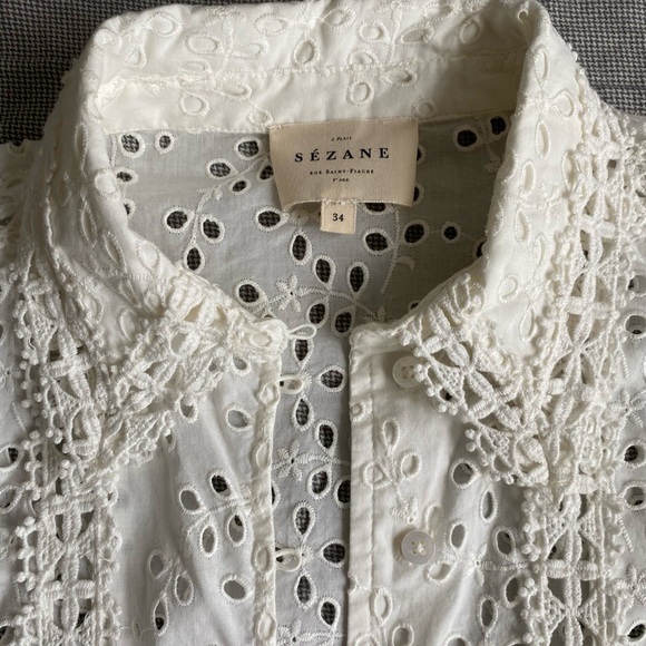 Sezane Cara Shirt | white eyelet 100% cotton | size 34 (size 2) | like new - Picture 3 of 6